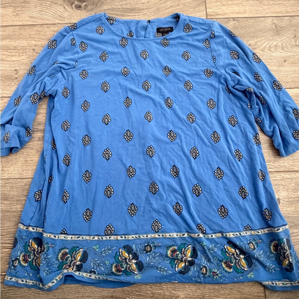 J. Jill Blue Embroidered Border Tunic Top